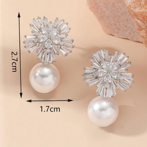 Rhinestone faux pearl drop earrings chic classy elegant statement - Picture 1 of 2